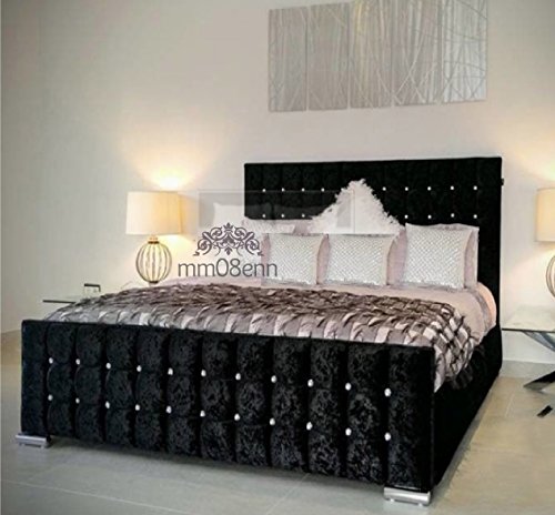 mm08enn 4ft6 Double/ 5ft King Size Cubed Upholstered Bed frame in Chenille Fabric with Crystal Diamante (Black, 5ft King Size)