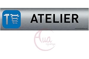 AUA SIGNALETIQUE - Plaque de porte Aluminium brossé imprimé AluSign - 200x50 mm - Double Face adhésif au dos - Impression UV directement sur l'aluminium (Pas de contre collage) (Atelier)