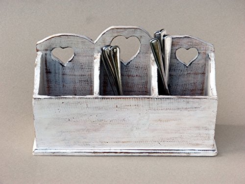 Dekorative Besteckablage Besteckkasten oder Organizer mit 3 Fächern Shabby Chic Vintage Landhaus Holz - Weiß