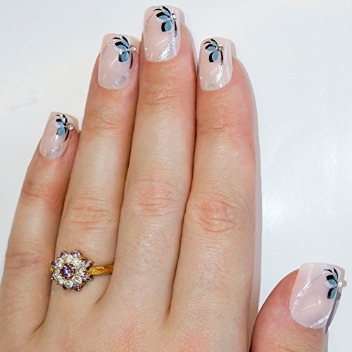 Bling Art False Nails Französisch Maniküre schwarz Weiß Blume 24 Mittel Tipps UK - 5