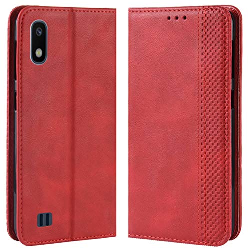 HualuBro Coque pour Samsung Galaxy A10, Etui Housse à Rabat en Retro PU Cuir Flip Leather Case Cover Antichoc Portefeuille Protection Coque pour Samsung Galaxy A10 2019 (Rouge)