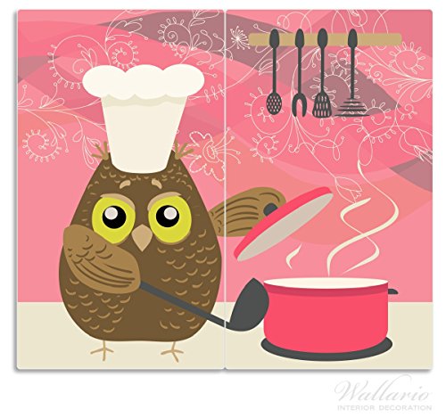 Wallario Herdabdeckplatte / Spritzschutz aus Glas, 2-teilig, 60x52cm, für Ceran- und Induktionsherde, Lustige Eule beim Kochen mit Kochmütze
