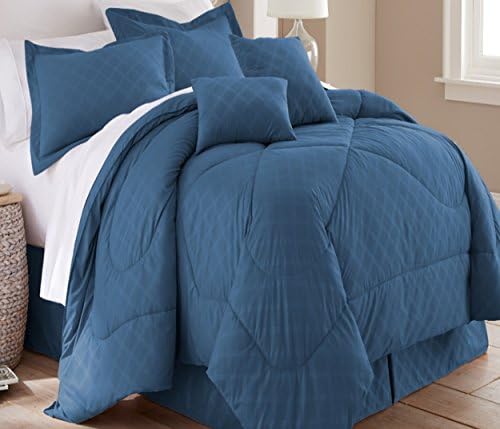 Hotel 5th Ave Embossed Plaid Comforter Set, Navy, Queen, Set of 6