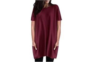 MRAT Womens Smock Tops Long Tops to Wear with Leggings Round Neck Short Sleeve Tops Solid Color T-Shirt Longline Tops Oversized Tees Summer Pocket Shirt Blouse Ladies Sweatshirt Office UK Size