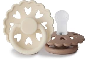 FRIGG Fairytale Lot de 2 sucettes | Sucette en silicone | Sans BPA | Fabriqué au Danemark | Tétine Cerise Symétrique | (Cream/Silky Satin, Taille 1 (0-6 Mois))