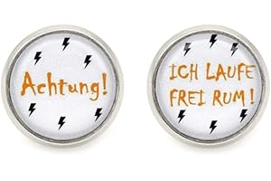SCHMUCK-STADT " Achtung ich laufe frei rum" Spruch Motiv Cabochon Ohrstecker silberfarben Ohrringe Blitz