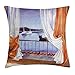 Produktbild KAKICS Animal Throw Pillow Cushion Cover by, Black Cat Seeing The Sea Sailboats at Window Hand Painted Watercolors Artwork, Decorative Square Accent Pillow Case, 18 X 18 Inches, Orange White Blue