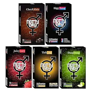 NOTTY BOY Condom Honeymoon Special- Climax Delay, Ribbed, Extra Dotted, Contour, Strawberry, Chocolate and Apple Flavoured Condoms - (5x10s)