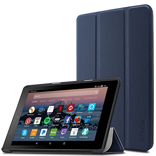 Amazon Fire 7-Hülle (7-Zoll-Tablet, 7. Generation - 2017) - Infiland Ultra Dünn Tri-Fold Muschel PU Leder Ultra Schlank Superleicht Ständer Shell Cover Schutzhülle Etui Tasche für Das neue Fire 7 (2017), 17,7 cm (7 Zoll) Display Tablet(Dunkleblau)