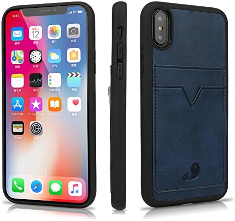 iPhone X Leather Card Case,Ultra Slim Vintage Synthetic Leather Hard Back Protective Phone Cover, Credit Card ID Holder Slots Shockproof Protective Cover for iPhone X (iPhone X Blue)