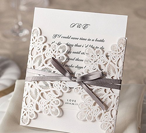 ColorMax Einladungen zur Hochzeit, lasergeschnitten, mit Schleife, 20 Stück - 5