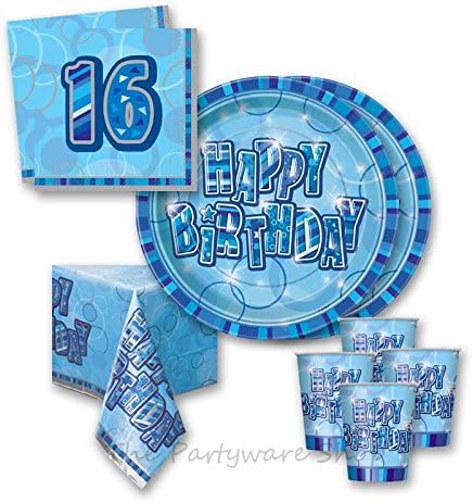 Blue Glitz 16th Birthday Party Tableware Pack for 16