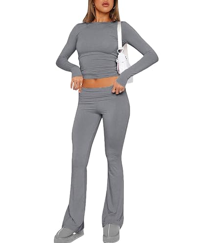 2-teiliges Damen-Outfit – Bauchfreies Top & Schlaghose, Farbverlauf In Blau, Größe XL