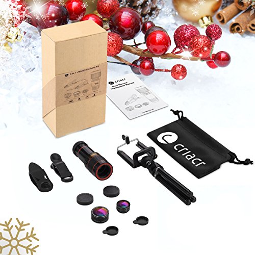 Criacr Lenti Smartphone 4 in 1,198 Lente Fisheye + 0,63x Lenti Grandangolo + 12x Obiettivo Teleobiettivo Zoom + 15x Obiettivo Macro con Supporto per iPhone, Samsung Galaxy, ecc
