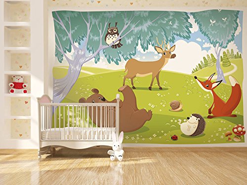 FOTOTAPETE 350×245 cm – VLIES TAPETE PREMIUM – PROFI QUALITÄT – Top moderne Wanddeko – Riesen Wandbild – Top Design Tapete – Neue exklusive Edition mit noch besser Druckauflösung – Deutsches Premium Vlies – für Kindertapete Kinderzimmer Kinder Wald Tiere e-A-0031-a-a - 2