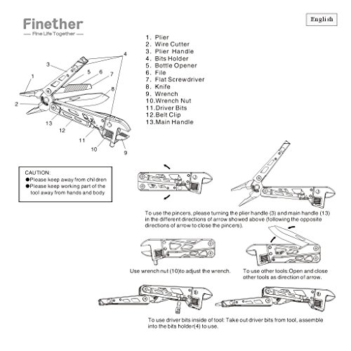 Finether 7-in-1 Multitool Multiwerkzeug Multifunktionszange Multifunktionsmesser Taschenmesser Schraubenschlüssel Schraubendreher Flaschenöffner inkl. Nylontasche Multifunktionstool Multifunktionswerkzeug aus hochwertigem Edelstahl für Camping unterwegs - 6