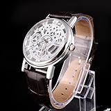 Beautyrain Skeleton Dial Herren Lederarmband Edelstahl Zifferblatt Armbanduhr