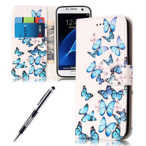 Case Samsung Galaxy S7 Edge, Cover Samsung Galaxy S7 Edge, JAWSEU Samsung Galaxy S7 Edge G935 Phone Case Luxury Marble Design Premium PU Leather Flip Cover for Samsung Galaxy S7 Edge Protector Bumper Skin with Soft Silicone Case Credit ID Card Slots Magnetic Closure Kickstand Strap Smartphone Shell Wallet Pouch Protective Case for Samsung Galaxy S7 Edge + Stylus Pen - Blue Butterflies