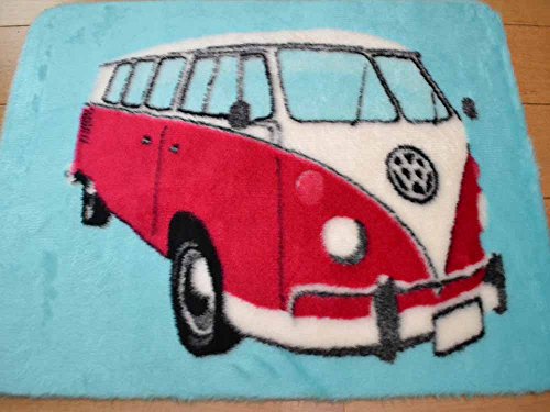 Pink Camper Van Non Slip Machine Washable Sheepskin Style Kids Rug. Size 70cm x 100cm