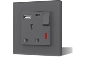 BSEED Single Plug Socket with USB C and USB A,Glass Switched Socket,UK Standard Electric Power Sockets,13A Wall Socket,Save Space,1 Gang,86mm Grey