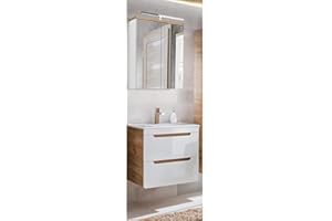 ‎LOMADOX Lomadox Badezimmer Waschplatz Set in Hochglanz weiß mit Wotan Eiche Nb., 61 cm Keramik-Waschtisch mit Unterschrank & LED-Spiegelschrank