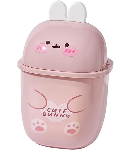 Mini Poubelle De Bureau Chat Cartoon - Avec Couvercle Oscillant - Rose - 15.5x11cm