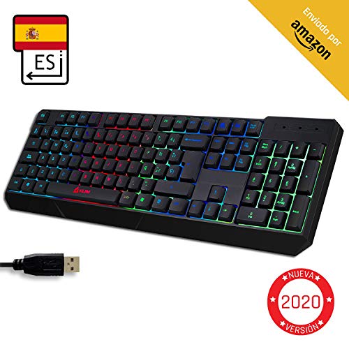 KLIMTM Chroma - Teclado Gaming ESPAÑOL + Teclado USB Ligero, Duradero, Resistente al Agua, ergonómico, silencioso + Teclado Gamer con Cable para PC PS4 Xbox One Mac + Nueva VERSIÓN 2020 + Negro