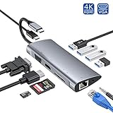 Hub USB C, 11 en 1 Type C Adaptateur avec Ethernet, 4K HDMI, VGA, 3 USB 3.0, 1 USB 2.0, lecteur de carte SD / TF, Mic / Audio, port PD pour Macbook Pro 2019/2018/2017 Macbook Air et plus