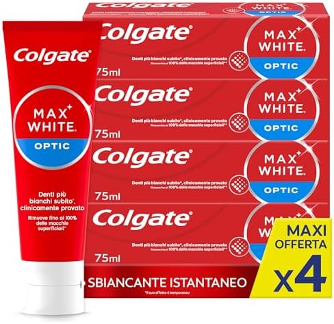 Colgate Dentifricio Sbiancante Max White Optic 4 Confezioni da 75 ml I Clinicamente Provato per Rimuovere Fino al 100% delle Macchie Superficialil I Denti più bianchi I Sbiancamento denti istantaneo
