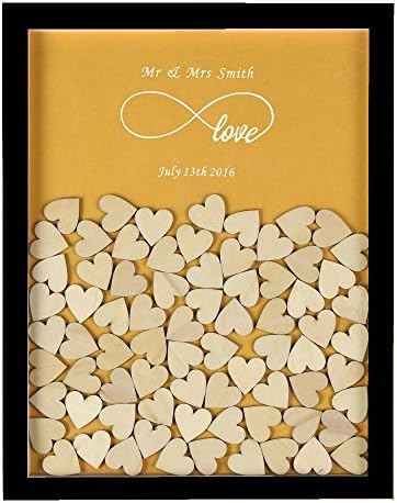 YS2016 Personalised Engraved Infinity Love Rustic Drop Top Wooden Frame Wedding Guest Book With 130 Small Wood Hearts (Black &amp; Pearl Gold)