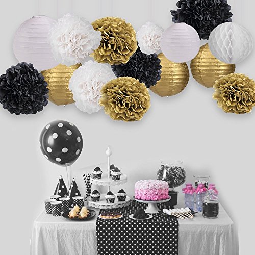 skylove schwarz gold Party Deko Party Decor Seidenpapier Pom Pom Quaste Girlande Polka Dot Tissue Poms Papier Girlande für Hochzeit Baby Dusche Dekoration Bridal Dusche Blau ersten Geburtstag