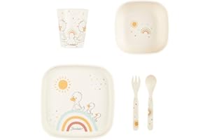 Sterntaler Zestaw naczyń z kaczką Edda Lou ecru, 5-częściowy zestaw dla chłopców i dziewczynek, składający się z kubka do picia, prostokątnego talerza, prostokątnej misy i łyżki i widelca