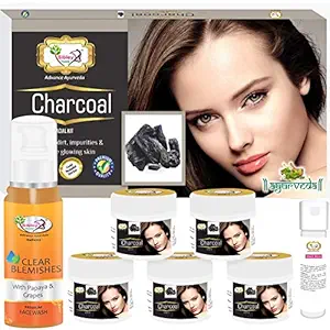 Sibley Beauty Facial Kit Combo of Charcoal Facial Kit (165 gm) Pack of 6 + Papaya Anti Blemish Pigmentation Face Wash (100 ml) - for men women boys girls normal oily dry combination skin