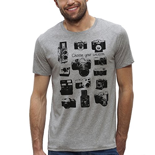 T-Shirt Bio Imprimé Gris Manches Courtes - Appareils Photos Vintage - Homme du XS au XXL