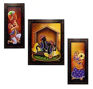 INDIANARA 3 PC Set of Rajasthani Folk Music & Dance Paintings (1084) Without Glass 5.2 X 12.5, 9.5 X 12.5, 5.2 X 12.5 INCH