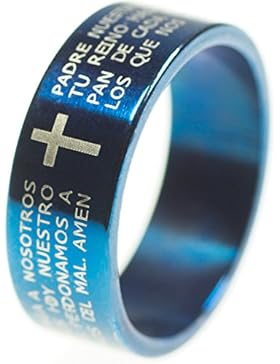 Unisex Edelstahl Ring mit spanischen Vater unser Bibel Gebet Jesus Kreuz Kruzifix - Bandring Blau Silber Schwarz