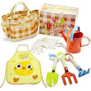 Kids Gardening Tool Set - Includes Sturdy Garden Tote Bag, Gardening Smock, Watering Can, kids Gardening Gloves, Shovel, Rake and Fork, Outdoor Garden Toys Gift for Toddler Preschool Boys & Girls