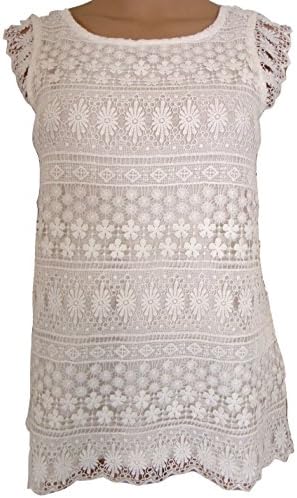 Women's Embossed Embroidered Lace Cap Sleeve Top (L(UK 12 - 14), Cream)