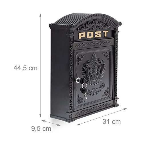 Relaxdays Briefkasten Antik Englischer Wandbriefkasten aus Aluguss mit breitem Briefschlitz für DIN A4 Umschläge HBT: 44,5 x 31 x 9,5 cm nostalgischer Postkasten mit rundem Dach, schwarz - 4