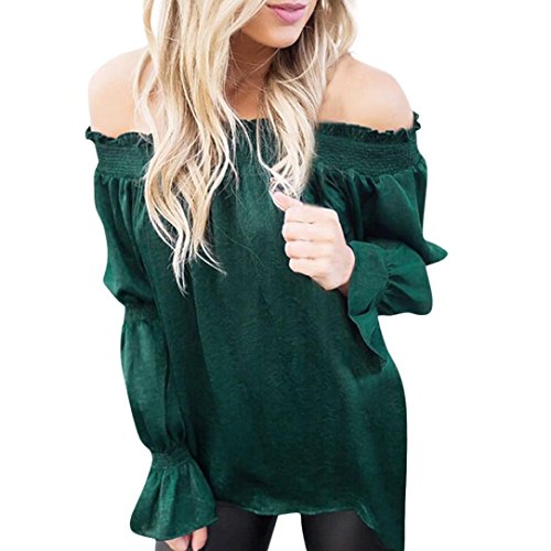 Preisvergleich Produktbild kingkoBlusen Hemden Tops Blusenshirt Chiffon Bluse Damen Schulterfrei Sommerhemd Langarm Hemd Oberteile Frauen Langarmshirt Krawatte Solide T Shirt Frauen Casual Plissee Tunika (M, Grün)