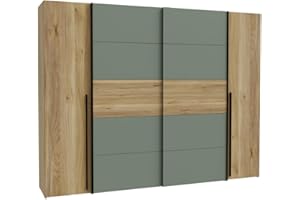 Forte Narago - Armadio 270 girevole a 4 ante con ripiani e asta appendiabiti, in legno di quercia Mauvella e salvia, larghezza 270,3 cm, altezza 210,5 cm, profondità 61,2 cm