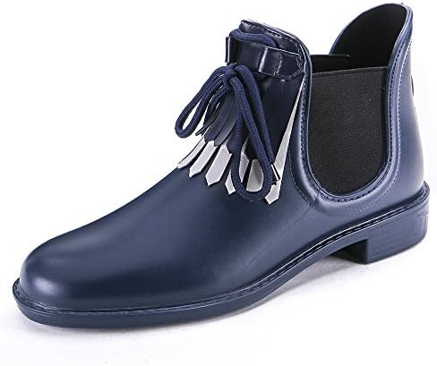 TONGPU Women's Lace Decoration Stylish Waterproof Short Ankle Shoes Slip-On Chelsea Rain Boots Navy UK7