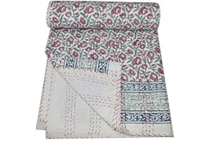 Yuvancrafts Indian Hand Block Floral Print Kantha Quilt Handmade Vintage Twin/Queen Size Cotton Kantha Throw Blanket Bedspread (Twin 90 X 60)