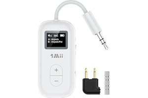 1Mii SafeFly Dual Bluetooth 5.3 Flugzeug Adapter mit OLED-Display für 2 Kopfhörer, aptX Low Latency/Adaptive/HD, 25 Std. Akkulaufzeit, 3,5 mm AUX Klinke Sender für Reisen & TV