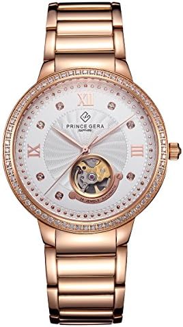 PRINCE GERA Men's Rose Gold Luxury Watches Diamonds Automatic Mechanical Dress Watch Water Resistance Ultra Thin