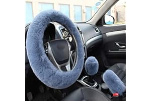 Fluffy Steering Wheel Cover, ZYNQACC Fuzzy Steering Wheel Cover for Women, Fashion Warm Wool Furry Steering Wheel Covers with Handbrake Cover & Gear Shift Cover, 1 Set 3 Pcs, 38CM… (GRAY-BLUE)
