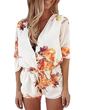 Auxo Damen V-Ausschnitt Floral Sommer Strand Party Club Overall Jumpsuit Kurz Shorts