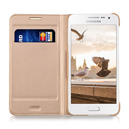 kwmobile Funda para Samsung Galaxy A3  2015  - Carcasa para m  vil de  Cuero sint  tico  - Case  Plegable  en  Dorado 