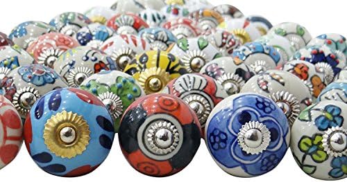 Assorted Multicolour Ceramic Drawers Knobs Door Cupboard Pulls Indian Mix Knobs (20 pieces)