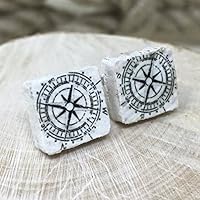 Shabby Chic Holz Ohrstecker Nautic (Kompass) (13x13mm) -Fotoart-Hamburg - Ohrring - Maritim, Nautisch, See (weiß/schwarz)